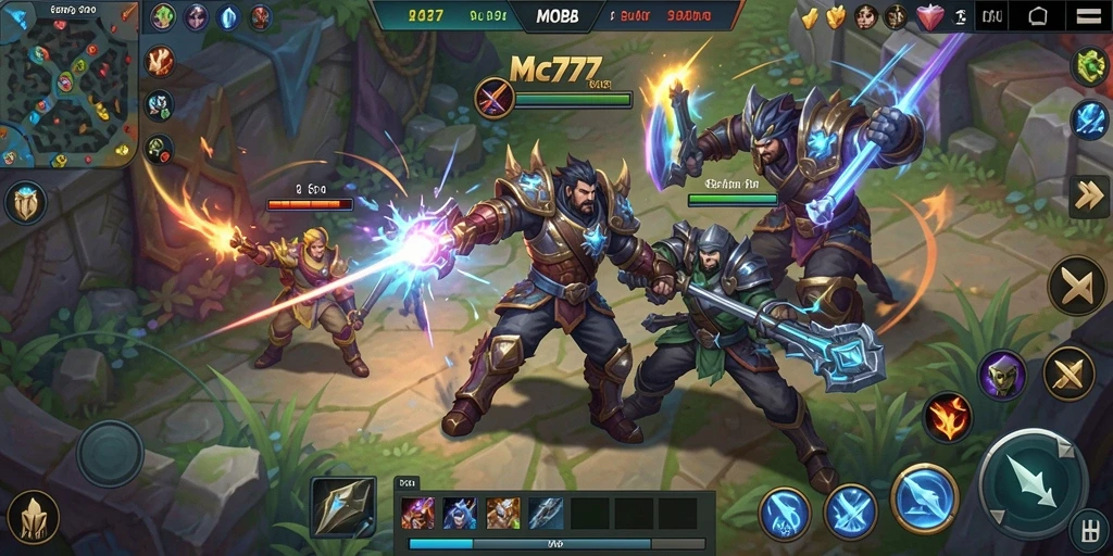 Screenshot gameplay MC777 menampilkan pertarungan MOBA yang intens dan aksi strategis.