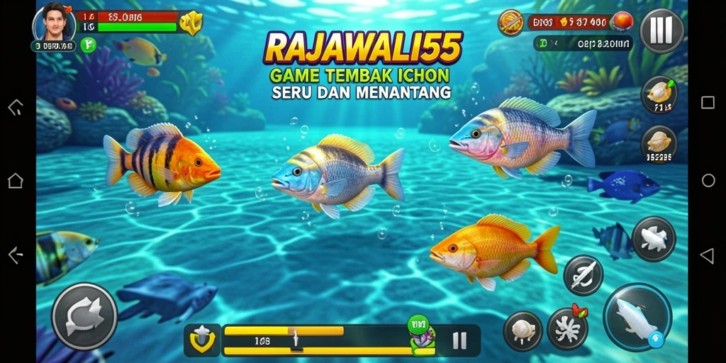 Screenshot gameplay RAJAWALI55 menampilkan aksi menembak ikan yang seru.