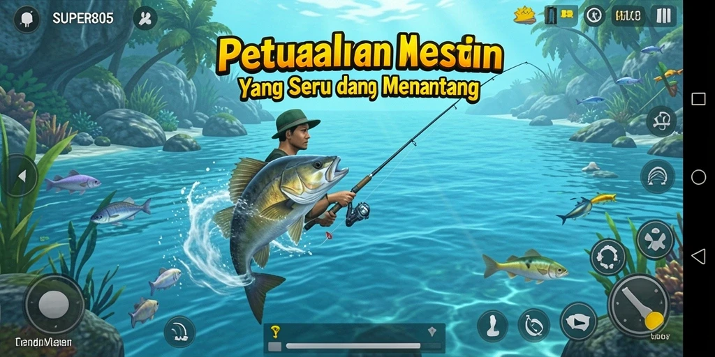Tampilan gameplay SUPER805 saat memancing di laut yang indah.